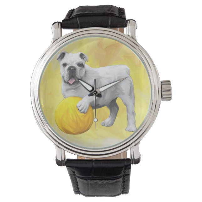 Bulldogge Playing mit Ball Wasserfarbe Art Malerei Armbanduhr (Vorderseite)
