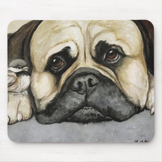 "Bulldogge-und Vogelbaby-" Mausunterlage Mousepad (Vorne)