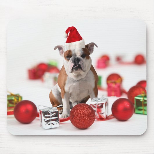Bulldogge Weihnachtsschmuck Geschenkboxen Rote Wei Mousepad (Vorne)