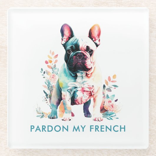 Bulldoggen-Blume verzeihen mir Französisch Glasuntersetzer (Vorderseite)