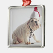 Bulldoggen-Welpen-tragende Weihnachtsmannmütze Ornament Aus Metall (Links)