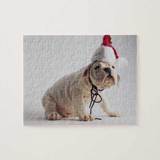 Bulldoggen-Welpen-tragende Weihnachtsmannmütze Puzzle (Horizontal)