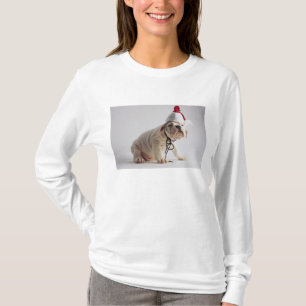 Bulldoggen-Welpen-tragende Weihnachtsmannmütze T-Shirt