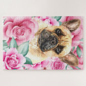 Bulldoghund Gesicht Aquarell zeichnend rosa Rose Puzzle (Horizontal)