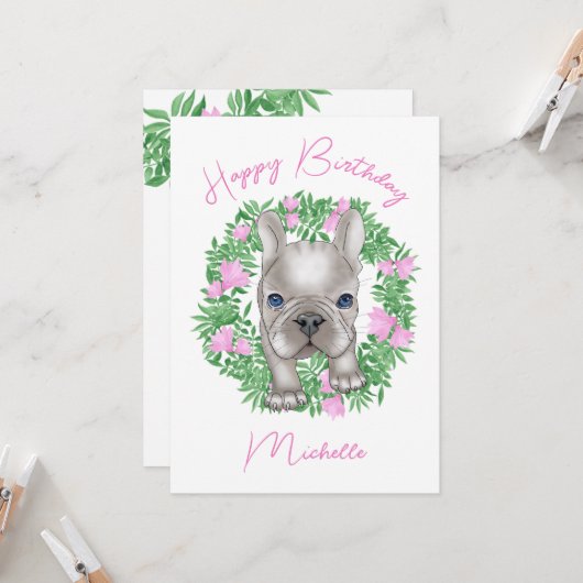 Bulldoghund mit Blume Einladung (Vorderseite/Rückseite Beispiel)