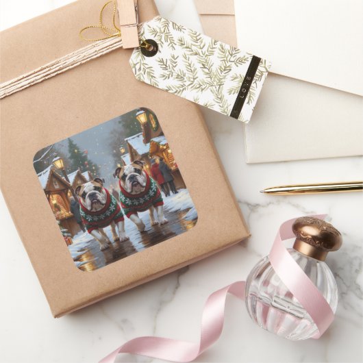 Bulldogs Christmas Snow Holiday Quadratischer Aufkleber (Schenken)