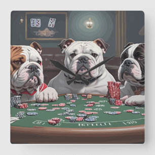 Bulldogs playing poker quadratische wanduhr