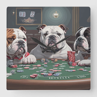 Bulldogs playing poker quadratische wanduhr