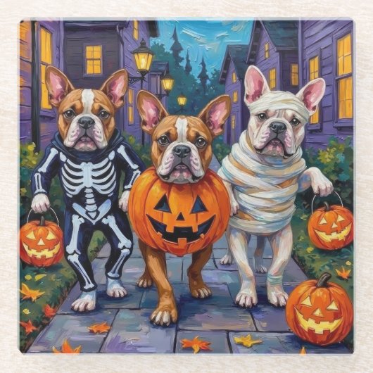 Bulldogs Trick-or-Treating in Halloween-Kostümen Glasuntersetzer (Vorderseite)