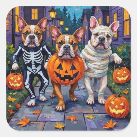 Bulldogs Trick-or-Treating in Halloween-Kostümen Quadratischer Aufkleber (Vorderseite)