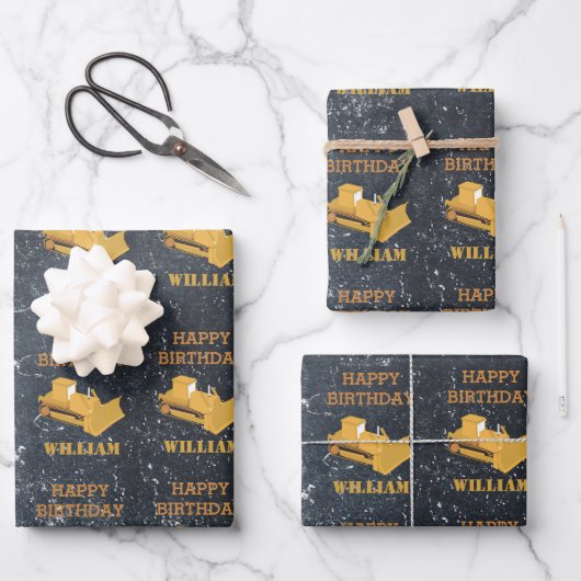 Bulldozer Bauwagen Birthday Boy Geschenkpapier Set (Vorderseite)