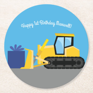 Bulldozer Birthday Party Construction Runder Pappuntersetzer