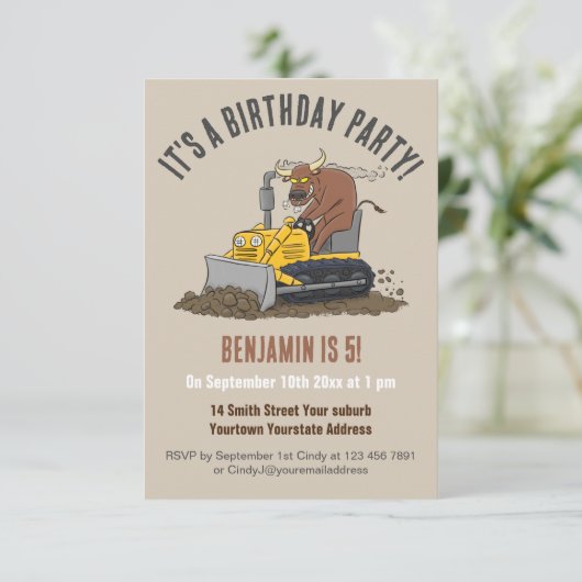 Bulldozer-Bulldozer zum Geburtstag Einladung (Stehend Vorderseite)