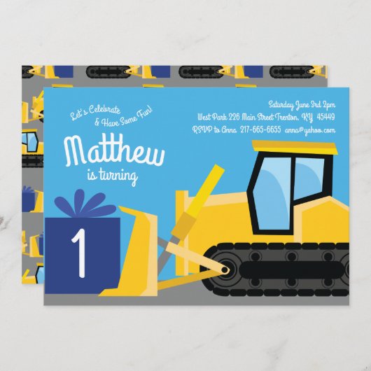 Bulldozer Einladungen zum 1. Geburtstag (Vorne/Hinten)