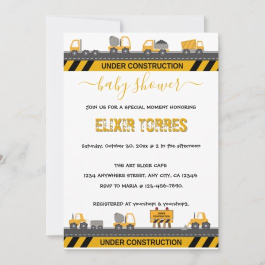 Bulldozer-Kinderdusche im Bauwesen Einladung (Vorderseite)