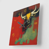 Bulle mit 3 Hörnern Quadratische Wanduhr (Winkel)