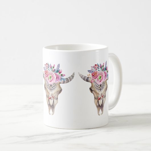 Bullenschädel und farbenfrohe Rose und Buckel Kaffeetasse (VorderseiteRechts)