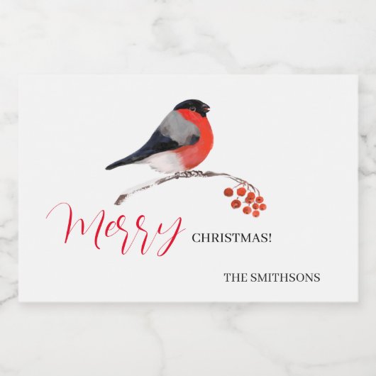 Bullfinch and red Rowan berries, Merry Christmas! Lebensmitteletikett (Einzelnes Label)