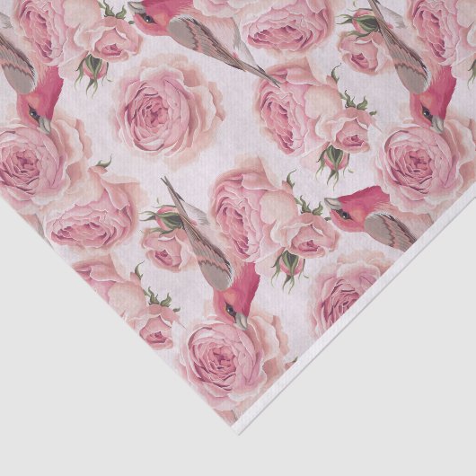 Bullfinch Birds auf rosa Rosenmuster Seidenpapier (Ausschnitt)