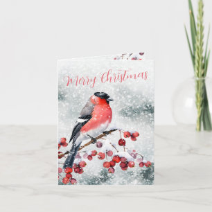 Bullfinch Christmas Bird Snowy Red Berries Feiertagskarte