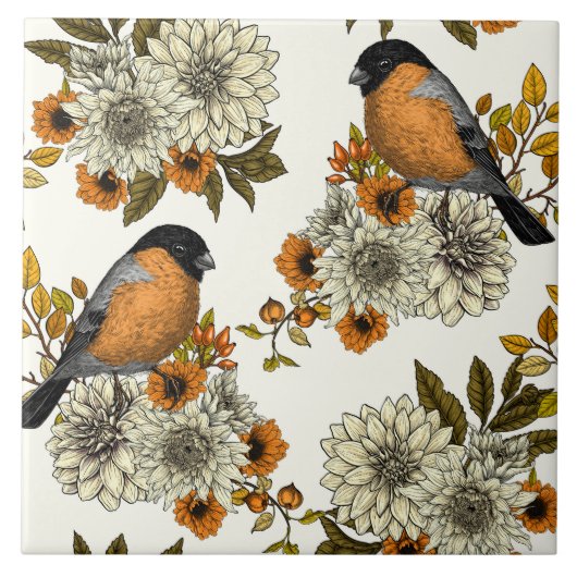 Bullfinch on autumn florals 2 fliese (Vorderseite)