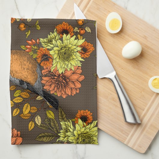 Bullfinch on autumn florals geschirrtuch (Viertel Falte)