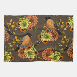 Bullfinch on autumn florals geschirrtuch