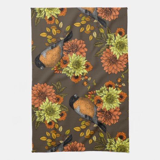 Bullfinch on autumn florals geschirrtuch (Vertikal)