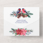 Bullfinch, Poinsettia, Pine Winter Wedding All In One Einladung (Rückseite)
