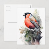 Bullfinch über Wasserfarben auf einer Kiefernstras Postkarte (Vorne/Hinten)