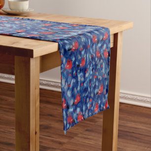 Bullfinen, Rote Vögel, blaue Waldbäume Kunst Kurzer Tischläufer