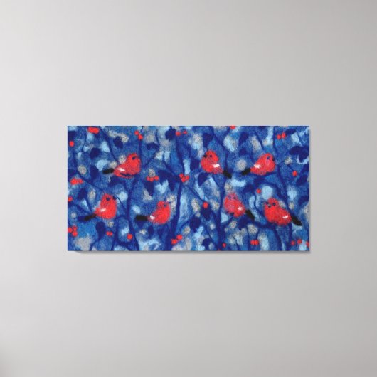 Bullfinen, Rote Vögel, blaue Waldbäume Kunst Leinwanddruck (Vorderseite)