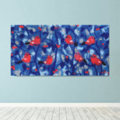 Bullfinen, Rote Vögel, blaue Waldbäume Kunst Leinwanddruck (Insitu (Holzboden))