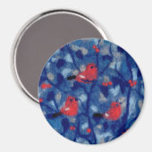 Bullfinen, Rote Vögel, blaue Waldbäume Kunst Magnet (Vorderseite/Rückseite)