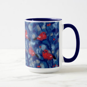 Bullfinen, Rote Vögel, blaue Waldbäume Kunst Tasse
