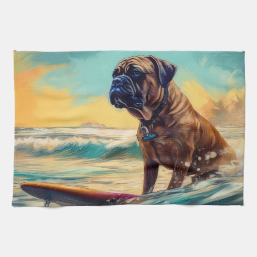 Bullmastiff Beach Surf Malerei Geschirrtuch (Horizontal)