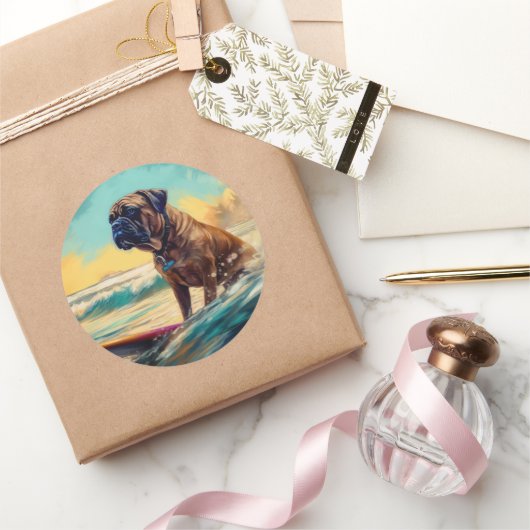 Bullmastiff Beach Surf Malerei Runder Aufkleber (Schenken)