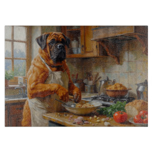 Bullmastiff beim Kochen in der Küche Schneidebrett