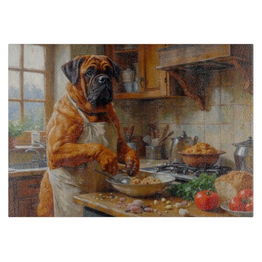 Bullmastiff Cooking in Kitchen Schneidebrett (Vorderseite)
