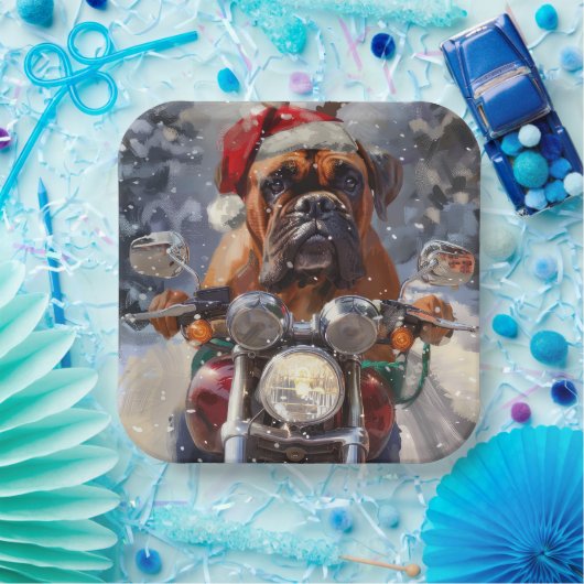 Bullmastiff Dog Riding Motorrad Weihnachten Pappteller (Party)