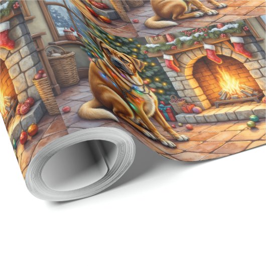Bullmastiff Fireplace with Christmas Lights Geschenkpapier (Rolleneckpunkt)
