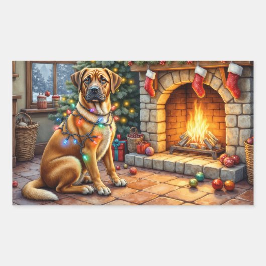 Bullmastiff Fireplace with Christmas Lights Rechteckiger Aufkleber (Vorderseite)