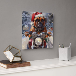 Bullmastiff-Hund fährt Motorrad Weihnachten  Quadratische Wanduhr