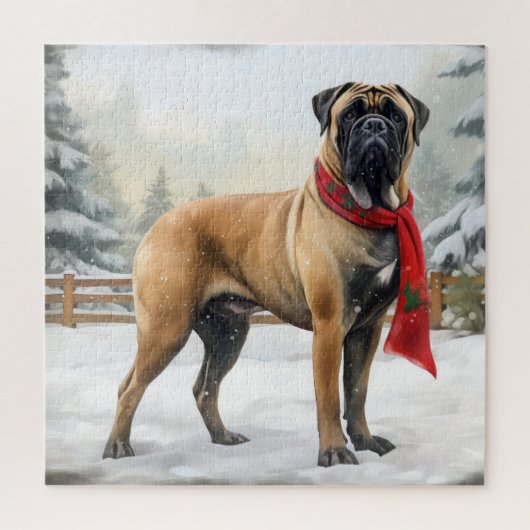 Bullmastiff Hund im Schnee Weihnachten Puzzle (Vertikal)