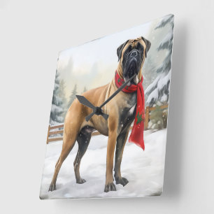 Bullmastiff-Hund im Schnee Weihnachten Quadratische Wanduhr