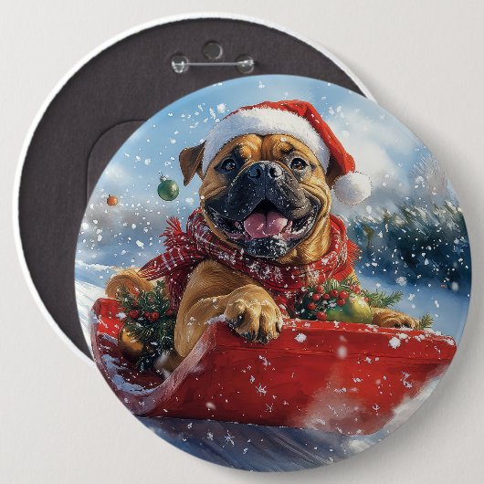 Bullmastiff Hund in Sledge Let it Schnee Weihnacht Button (Vorne & Hinten)