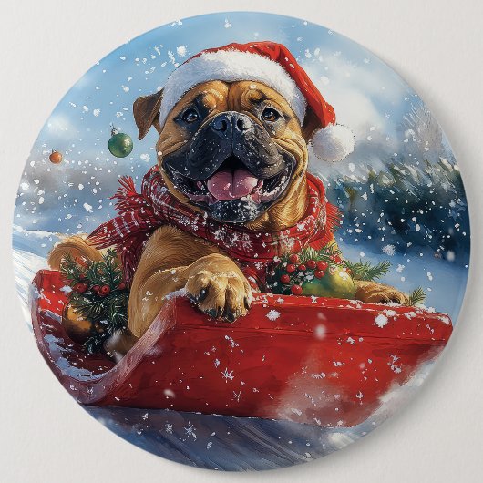 Bullmastiff Hund in Sledge Let it Schnee Weihnacht Button (Vorderseite)