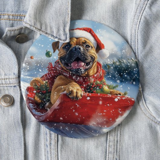 Bullmastiff Hund in Sledge Let it Schnee Weihnacht Button (Beispiel)
