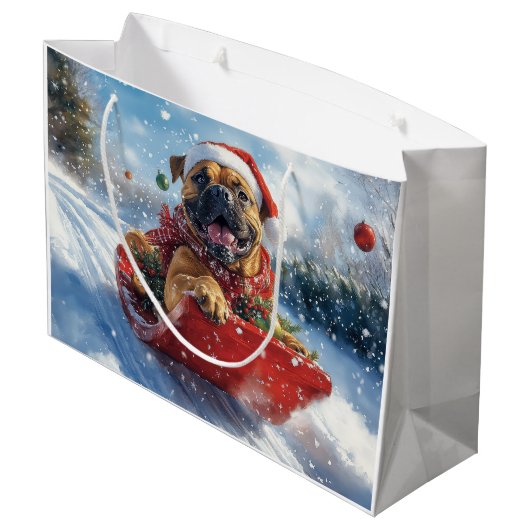 Bullmastiff Hund in Sledge Let it Schnee Weihnacht Große Geschenktüte (Rückseite Schrägansicht)