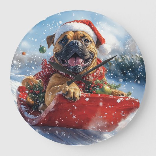 Bullmastiff Hund in Sledge Let it Schnee Weihnacht Große Wanduhr (Vorderseite)